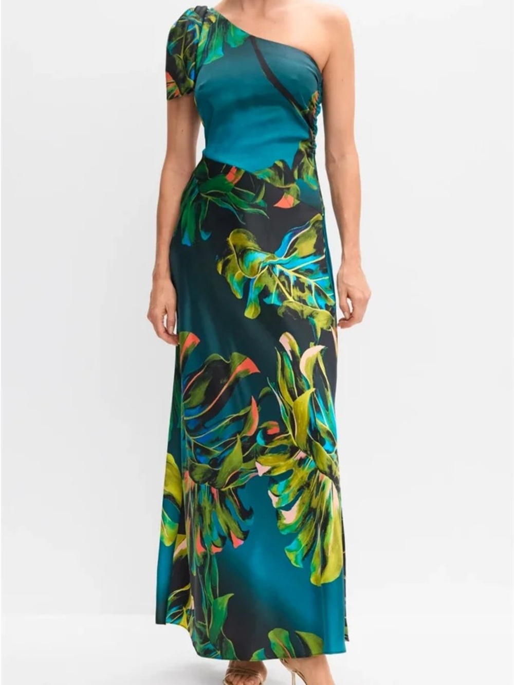 One-Shoulder Teal Tropical Leaf Maxi Skirt